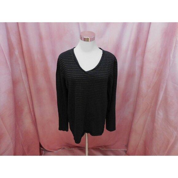 HUE Long Sleeve Black with Metallic Gold Stripes V Neck T-Shirt Top XL - Picture 1 of 8